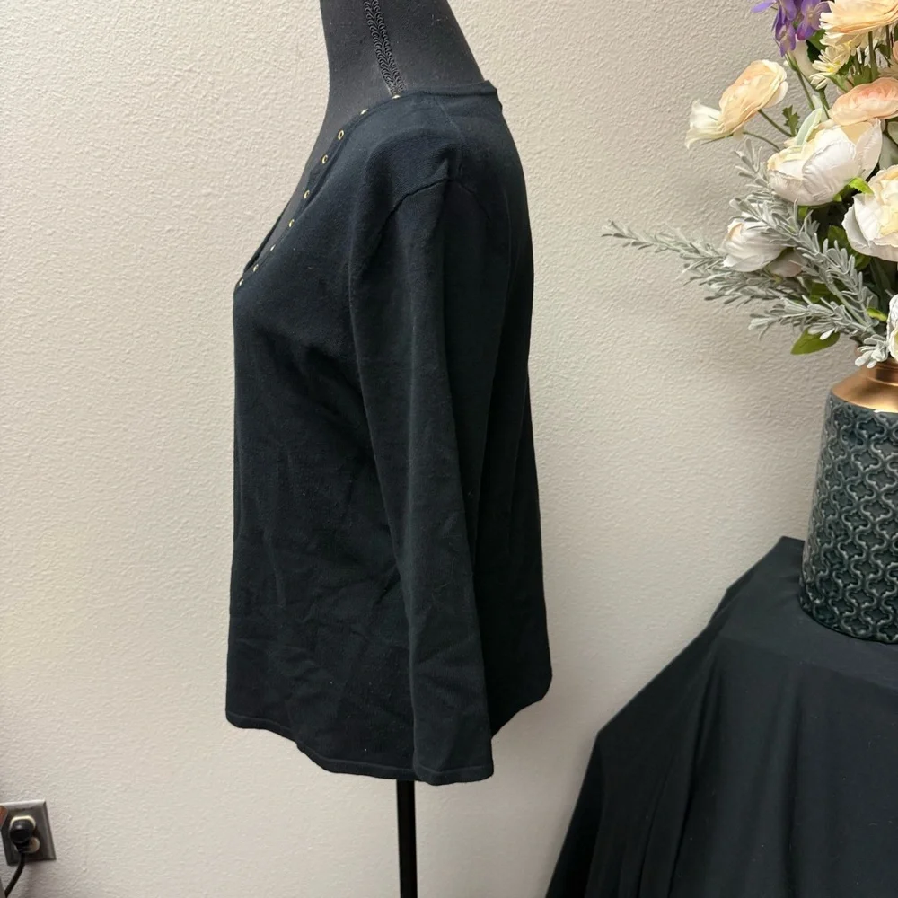 Cable & Gauge Black Scoop Neck Grommet Trim Top L 3/4 Sleeve Stretch Knit - Picture 3 of 8